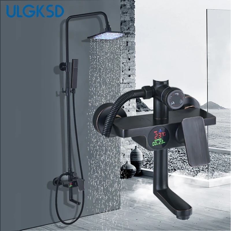 ULGKSD ванная комната черный смеситель для душа светодиодный цифровой 16/20 дюймов смеситель холодной и горячей воды кран W/Водопад ванна смесители Para Ванна Ducha