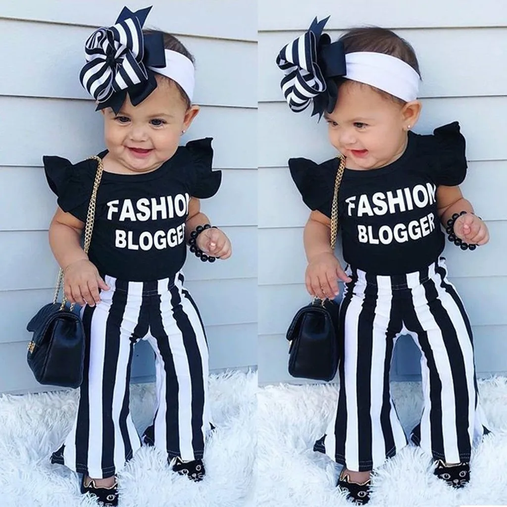 

Perimedes 2019 Summer Girls 2PCS Clothes Sets Children Baby Kids Girls Fly Sleeve Letter T-shirt Tops+Stripe Pants Set Outfit
