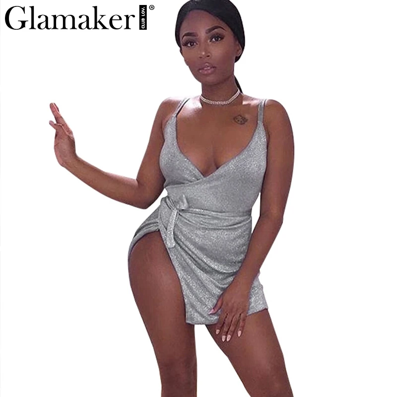 Женское Бандажное платье Glamaker с люрексом и сплит бантом вечернее 2018|mini dress|dress