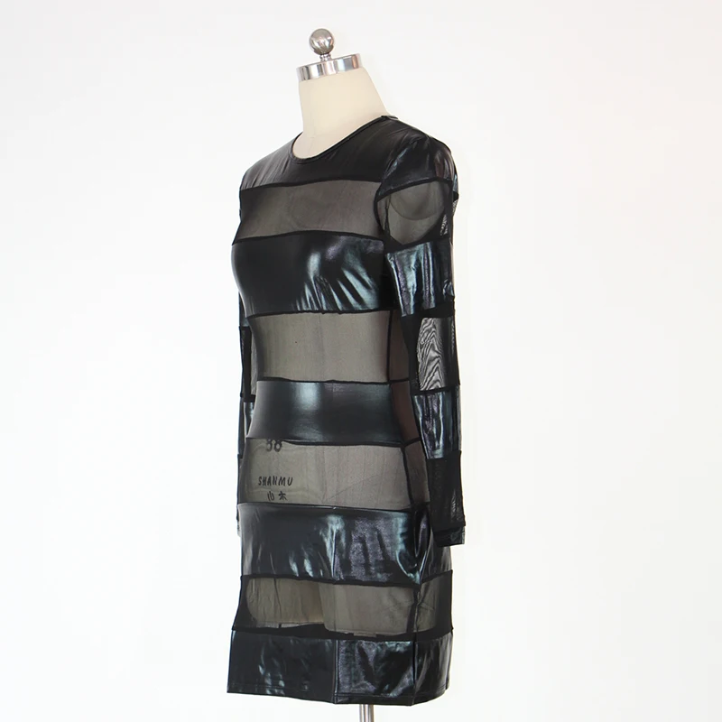 Black Mesh Patchwork Bodycon Dress Sexy Clubwear Black Long Sleeve Dresses Party Vintage Bandage Vinyl Wetlook Leather Dress (7)