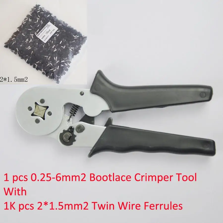 

HSC8-6-4B 0.25-6mm2 Crimping Tool Bootlace Ferrule Crimper and 1K 2*1.5mm2 Black TE1508 PVC Insulated Bootlace Wire Ferrules
