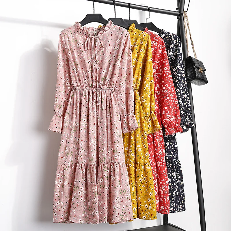 

women retro print Chiffon dress long sleeve dresses vestidos 2019 casual Spring and Autumn women clothes