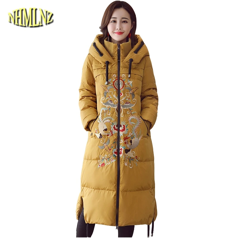 

Women Down Jacket Hooded Thicker Warm 2019 Fashion Winter New Females Parkas Print Medium Long China Wind Coat Outerwear LY529
