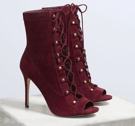 

NEW Fashion Botas Mujer Heels Woman Red Wine Suede Ankle Boots for Woman Peep Toe Lace-up Cut-out Cross Straps Tied Plus Size