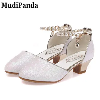 

MudiPanda Girls Sandals 2018 new pearl shoes children's high heels student dance shoes / performance shoes size 28-38 Pink White