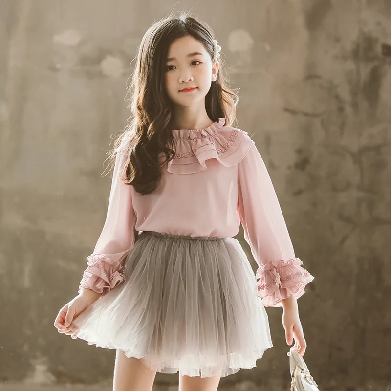 

2019 Spring Autumn Baby Girls Clothes Girls White Blouse Kids Lace Shirts Children Ruffles Long Sleeve Girl Tops And Blouses