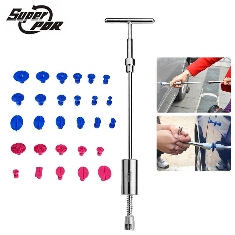 

Super PDR slide hammer car dent repair tools kit 1 pcs 2 in 1 T shape dent puller 28pcs glue tabs use for auto body dent removal