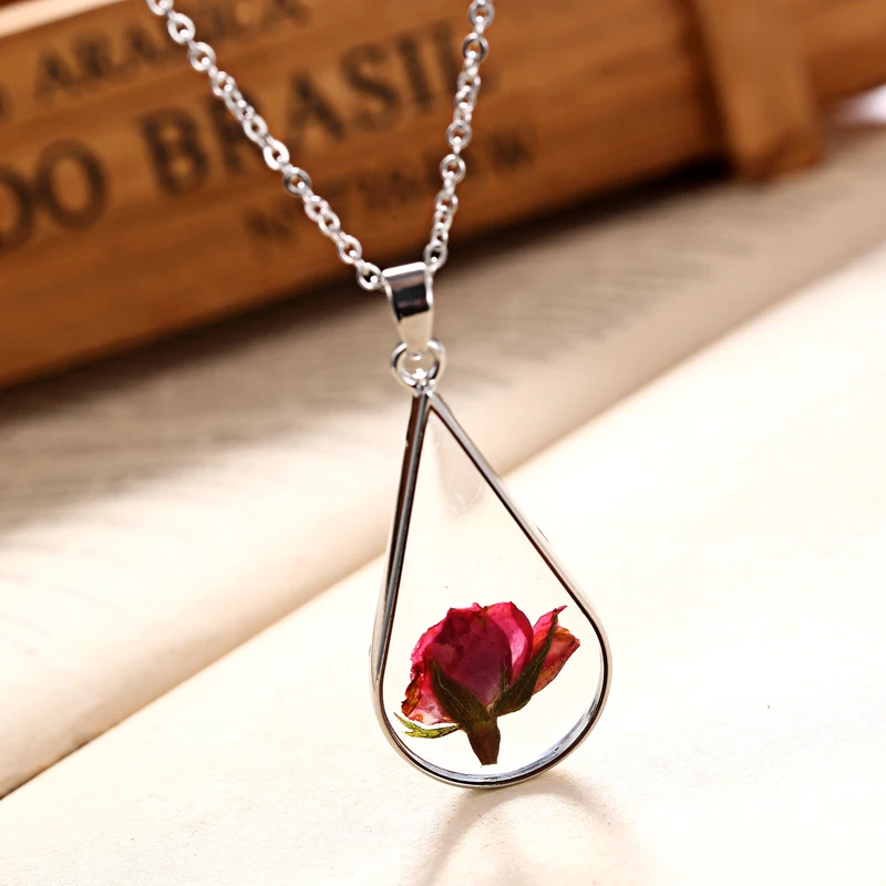 

Unique Design Vintage Link Chain Real Dried Rose Flower Pendant Necklace Waterdrop Shaped Natural Flower Necklace Choker Collar