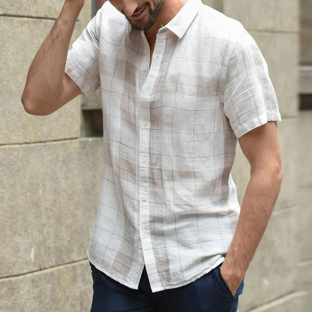 Летняя мужская рубашка, мешковатое хлопковое льняное с короткими рукавами, рубашка в клетку с коротким рукавом, на пуговицах, с отложным