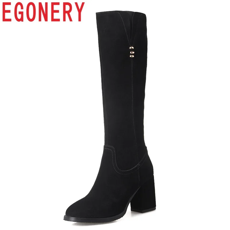 

EGONERY women shoes newest hot sale cow suede high squaer heel round toe zipper black fashion sexy large size knee high boots