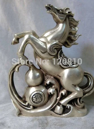 

zhmeru0027@++9" China Silver Feng Shui bottle gourd calabash cucurbit Horse Statue Sculpture