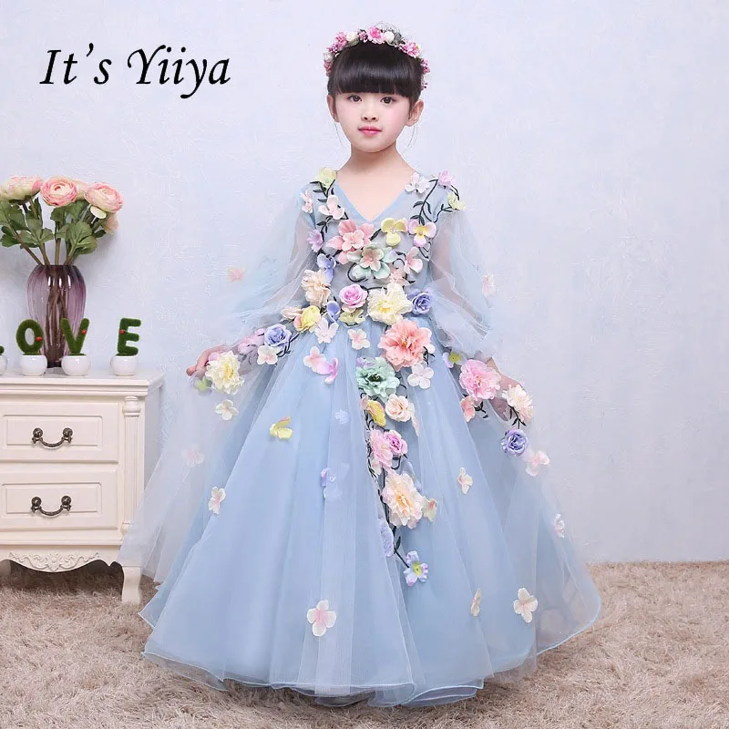 Это yiiya зашнуровать качество Иллюзия объемные рукава ребенок цветок ребенок ткань для девочек в цветочек платья для вечерние свадебное