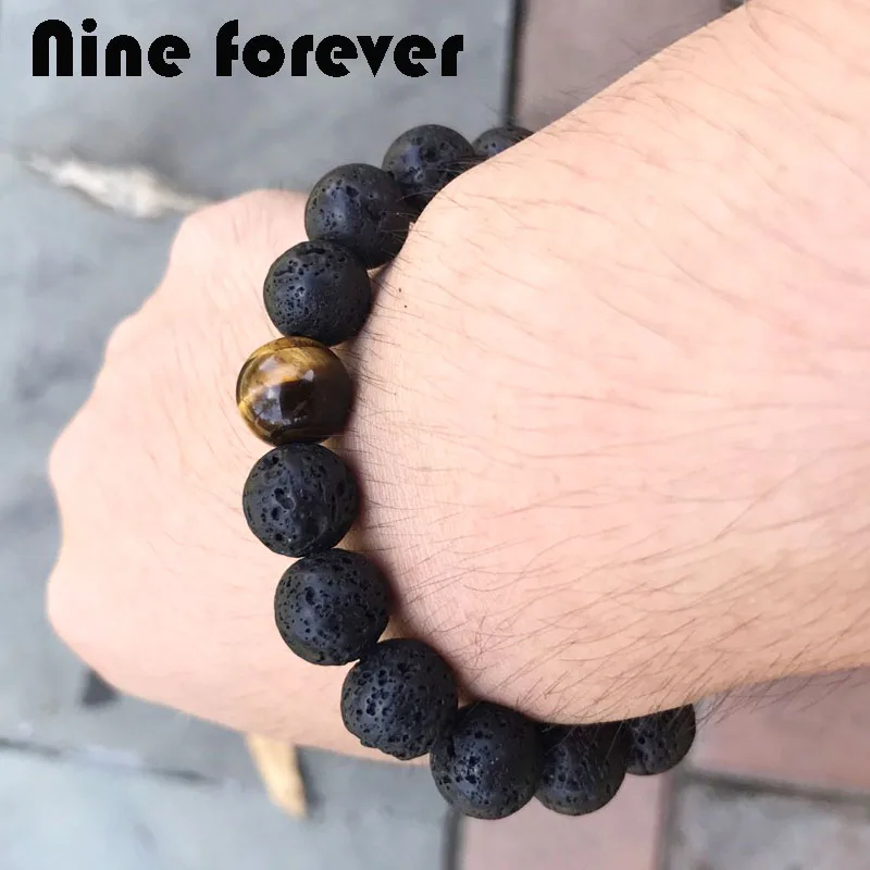 Девять навсегда тигровый глаз bileklik бусы, браслет мужчин Jewelry природного вулканического камня стенд энергии браслеты Pulseira masculina подарки