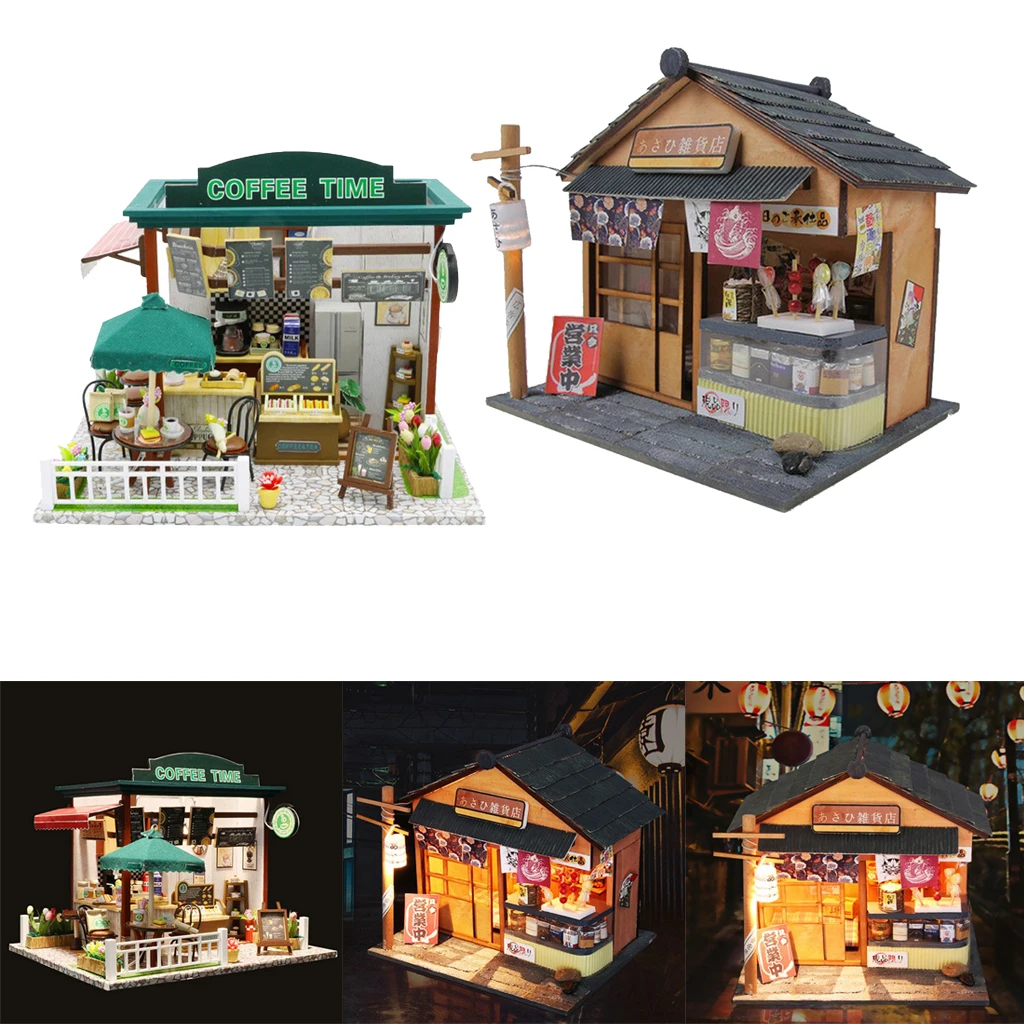 

2 Set 1:24 Scale DIY Dollhouse Miniature Wooden Dolls House Kit Creative Rooms - Coffee Time House and Japanese Grocery Store