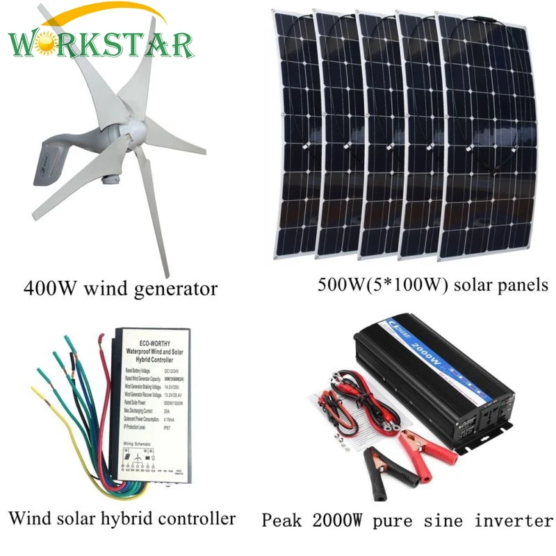 

400W Wind Generator +5*100W Flexible Solar Panel+Peak 2000W Inverter+12V/24V Controller Houseuse Wind Solar 900W Solar System
