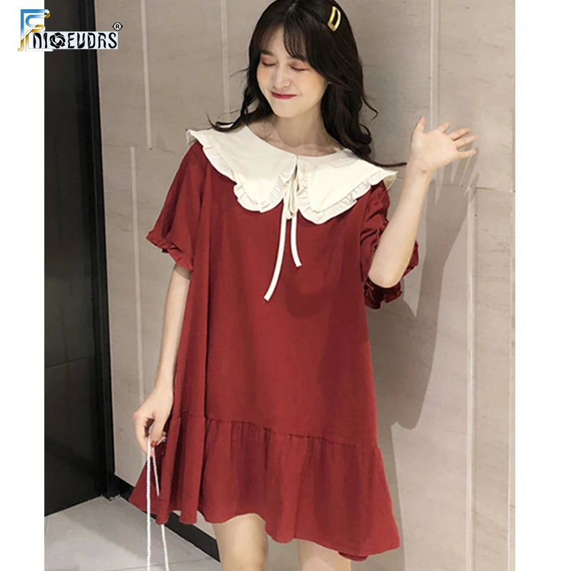 

New Summer 2019 European Style Women Loose Three Colors Peter Pan collar Patchwork Belt Ladies Short Mermaid Cotton Line Dress