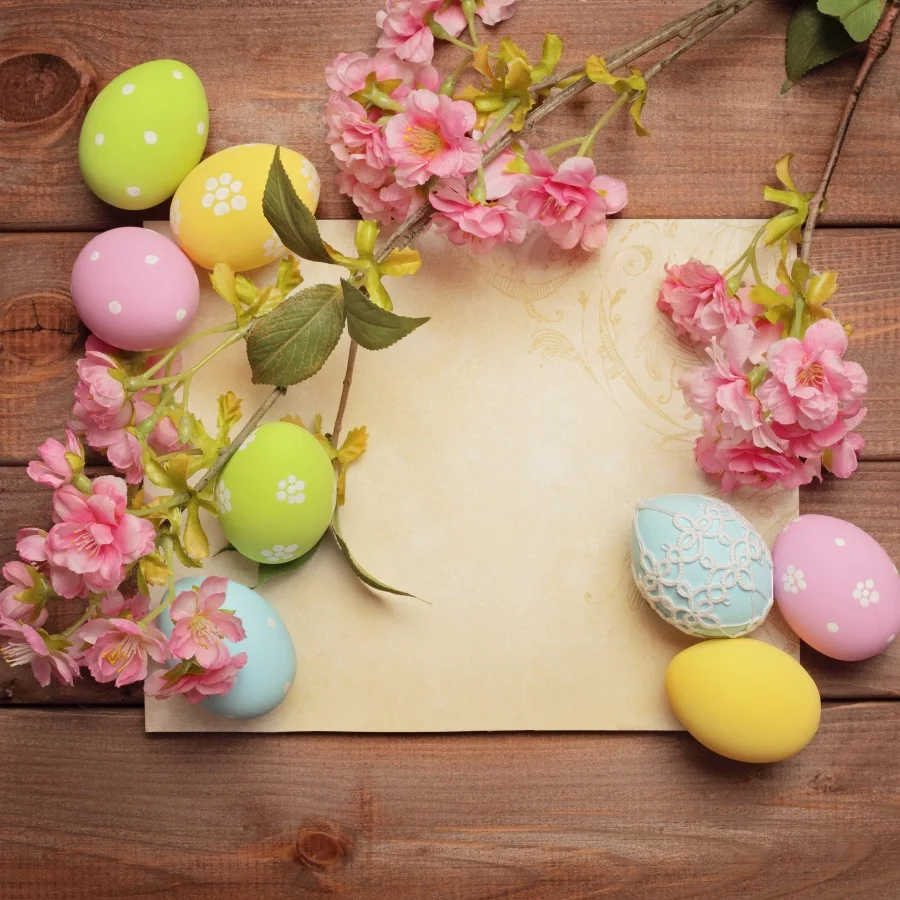 

Laeacco Flowers Wooden Boards Colorful Eggs Easter Photography Backgrounds Customized Photographic Backdrops For Photo Studio