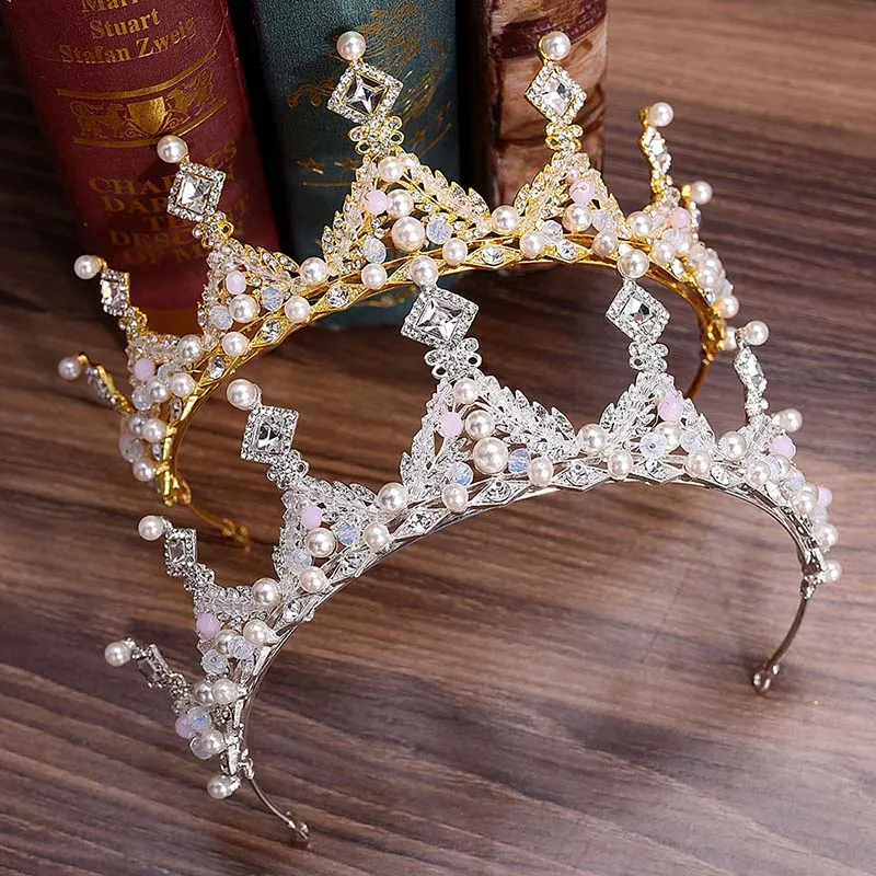 buy Vintage King Queen Diadem Wedding Hair accessories For women Crystal Pearl Metal Big Crown Princess tiaras and crowns Headpieces