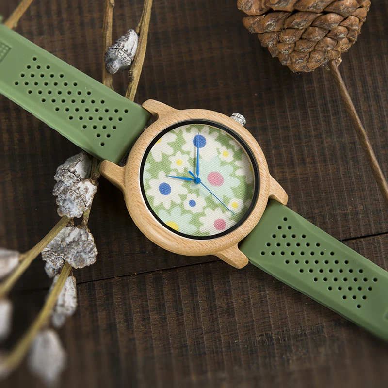 BOBO BIRD WB04 модные повседневные бамбуковые часы с тканевым циферблатом женские деревянные часы с мягкими силиконовыми ремешками кварцевые часы с коробкой
