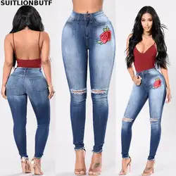 3XL плюс размеры для женщин узкие джинсы тощий вышивка с высокой талией holeJeans высокие эластичные стрейч Femel промывают джинсовые узкие брюки