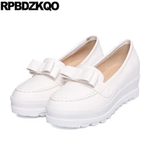 Женские красивые Мокасины с круглым носком; женская обувь на заказ; 10 японский белый бант; слипоны на платформе; коллекция года; Прямая ; сезон весна