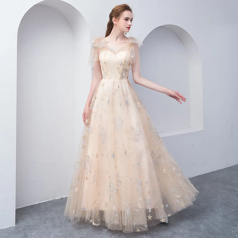 ruthshen V-Neck Light Champagne Special Occasion Gowns A-Line Ruched Sleeves Lace Vestido De Festa Curto Long Prom Dresses
