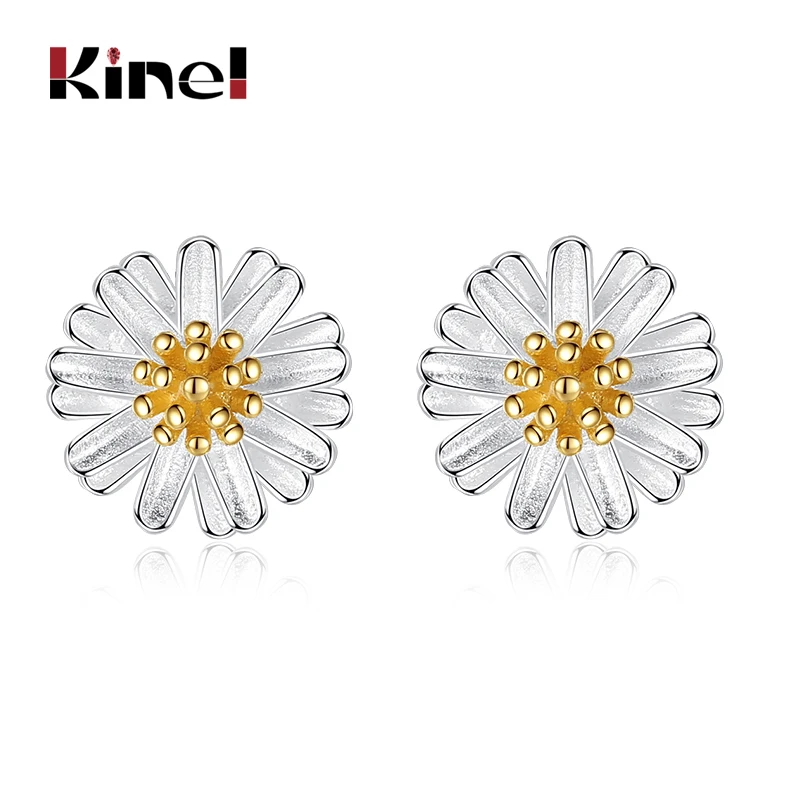 

Kinel 100% 925 Sterling Silver Chrysanthemum Daisy Flower Small Stud Earrings For Women Fashion Gold Earrings Silver Jewelry