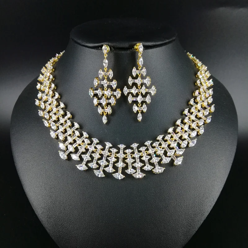 

2019 new fashion Luxurious retro crystal zircon golden necklace earring wedding bride banquet dinner jewelry set free shipping