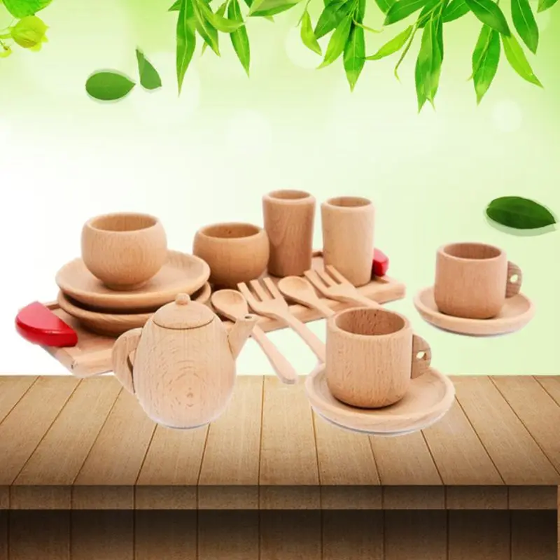 1Set Wooden Tableware Tools Tea Pot Tea Cup Teatime Party Toy Dollhouse Miniature Kitchen Tableware Accessories for Kids Toys