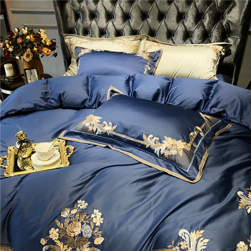 Excellent Champagne Blue White Luxury Royal Embroidery 100S Egyptian Cotton Palace Bedding Set Duvet Cover Bed sheet/Linen Pillowcases 38