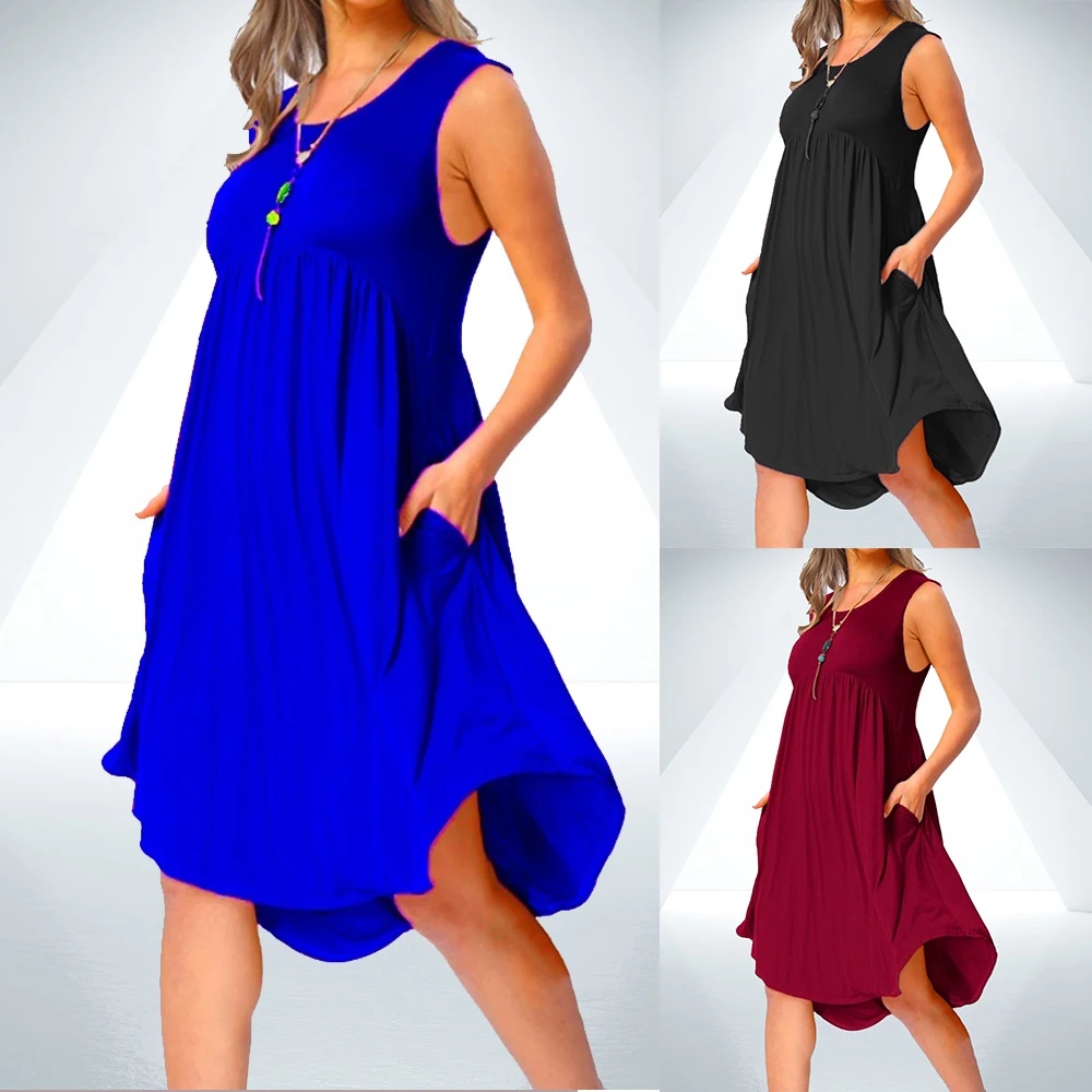 Summer Women Sleeveless Pocket Tunics Dresses Casual Loose Beach Dress ...