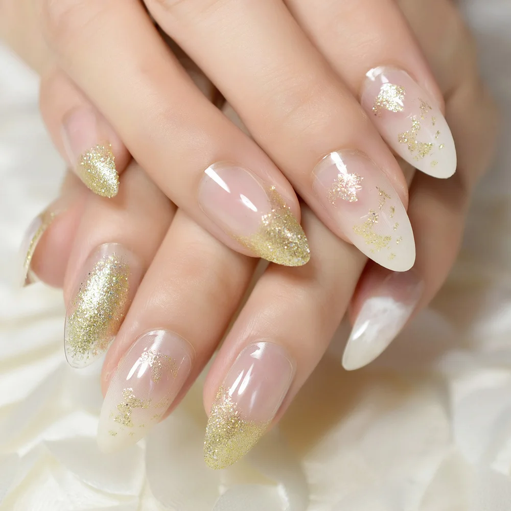 24pcs New Gold Glitter Sharp Stiletto Salon Nail Art Marble Design