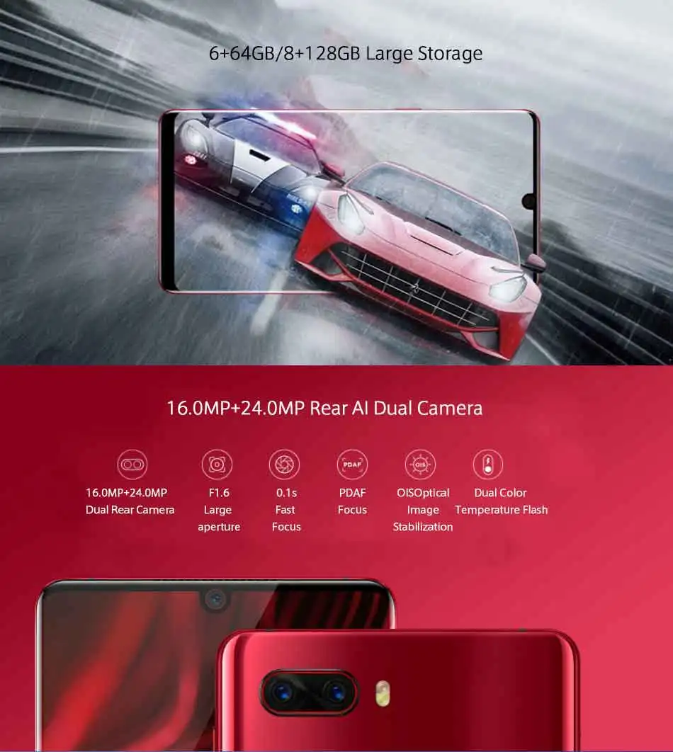 Мобильный телефон zte Nubia Z18, 5,99 дюймов, FHD экран с водными каплями, 6 ГБ, 64 ГБ, Восьмиядерный процессор Snapdragon 845, 16,0 Мп+ 20,0 МП, AI Camrea, телефон