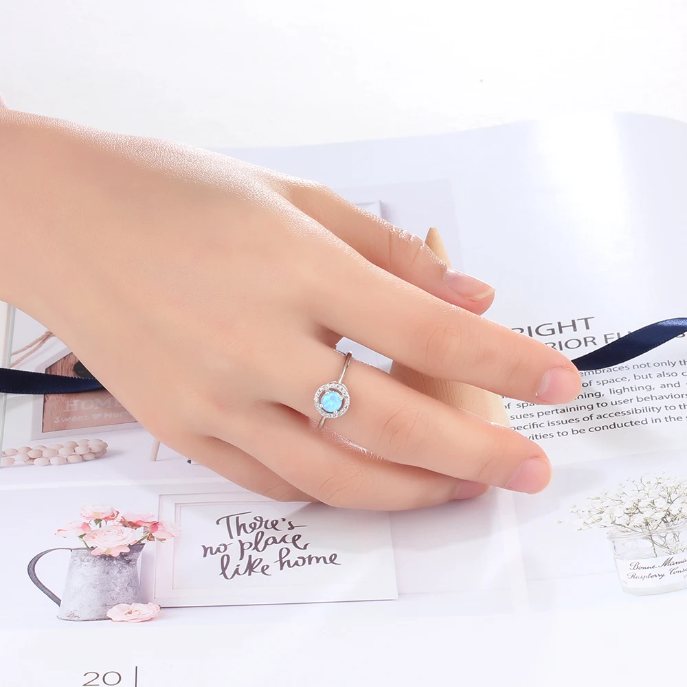 9mm Round Blue Opal Stone Wedding Ring Soild 925 Sterling Silver Jewelry Accessorise Rings For Women Gift (JewelOra RI103299)