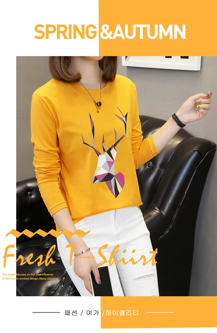 2019 Autumn Cotton T-Shirts Deer Printed Tshirts Women Leisure Long Sleeve White T-shirt Female Tops Tees Large Size M-5XL  (1)