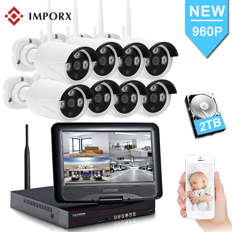 

IMPORX 8CH 960P Wireless 10" LCD Monitor NVR Kit 1.3MP WIFI IP Camera CCTV System Outdoor IR Video Security Surveillance Set 2TB