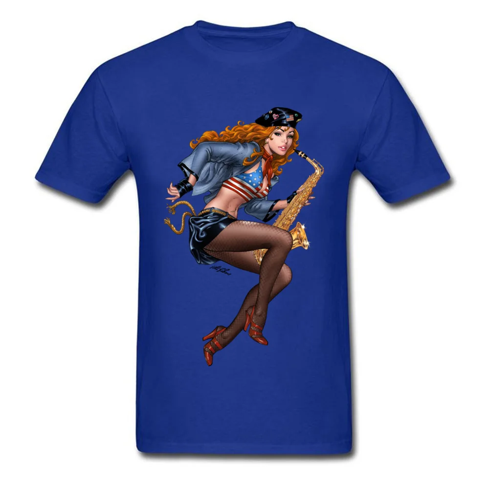Cool Saxophone Playing Redhead Pinup Tops Shirt New Fashion Crew Neck Funny Short Sleeve 100% Cotton Student T Shirt Tee Shirts Cool Saxophone Playing Redhead Pinup blue