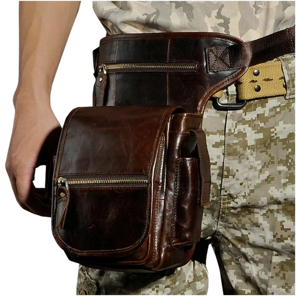New Crazy Horse Real Leather Design men vintage Cool Small Belt Messenger Bag Waist Pack Drop Leg Bag 8" Pad Pouch 3110