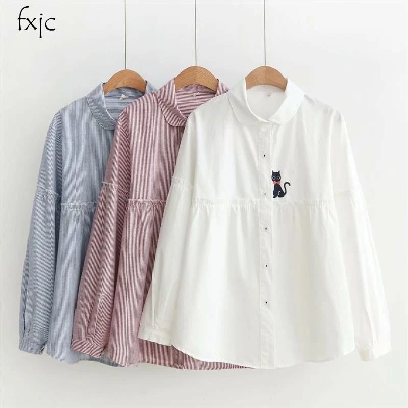 

Student Long Sleeve Pink Tie Cat Stripe Loose Joker Shirt 3 Color 2018 Autumn Women's Shirt Hot Sale P86