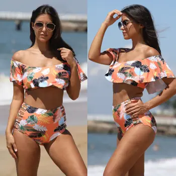 

2018 Ruffles Style Bikinis Set Flower Printed High Waist Sexy Women Swimwear Padded Bra Push-up Bikini Swimsuits Bathing Suit