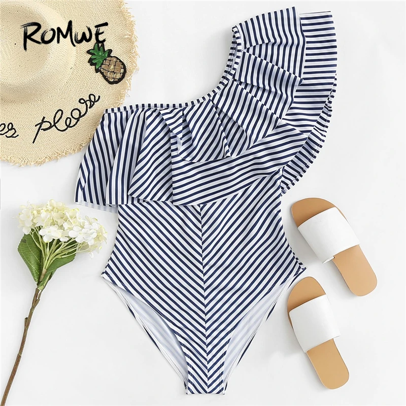 Romwe, спортивный, темно-синий, полосатый, многослойный, с оборкой, на одно плечо, Цельный купальник, женский, сексуальный, монокини, без косточек, купальники