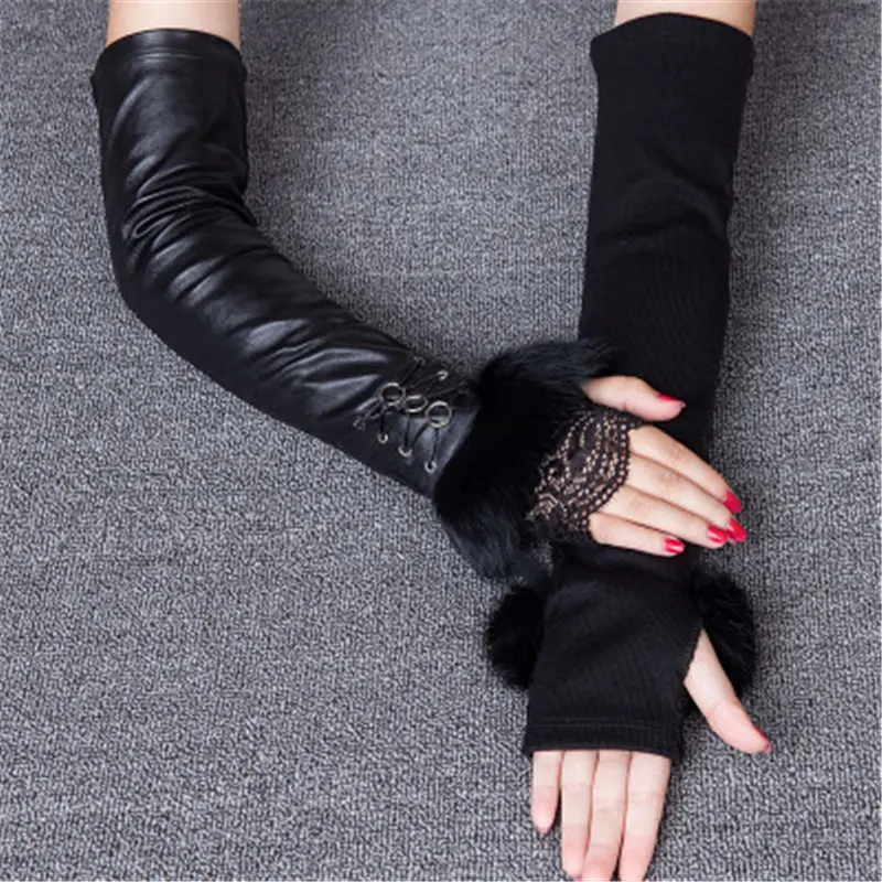 Модные черные кружевные перчатки из овчины женские теплые перчатки длиной 40 см женские перчатки из натуральной кожи митенки без пальцев - Цвет: 1