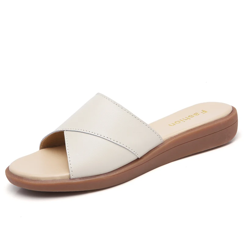 

plardin 2019 Fashion Summer Women Slippers Woman Flat Leather Slides White Comfortable Solid Color Female Shoes Beach Sandals