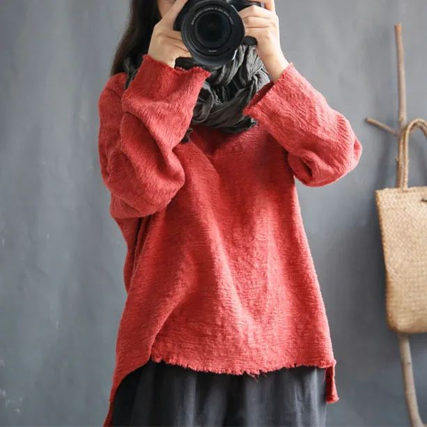 

Johnature Solid Color Long Sleeve O-Neck Tops New 2019 Autumn Vintage Casual Irregular Pullover Loose Linen Women Shirts