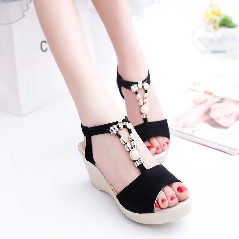 Sandals Women Wedges Shoes Pumps High Heels 4cm Female Sandals Beading Open toe summer new Wedges Women's sandals
