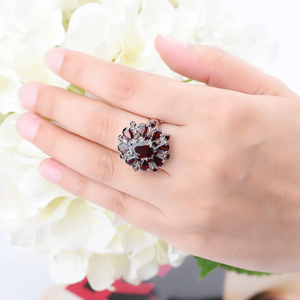 Hutang 7.54 ct Natural Gemstone Black Garnet Solid 925 Sterling Silver Flower Shape Wedding Ring Fine Jewelry For Women's Gift Fine Jewelry
