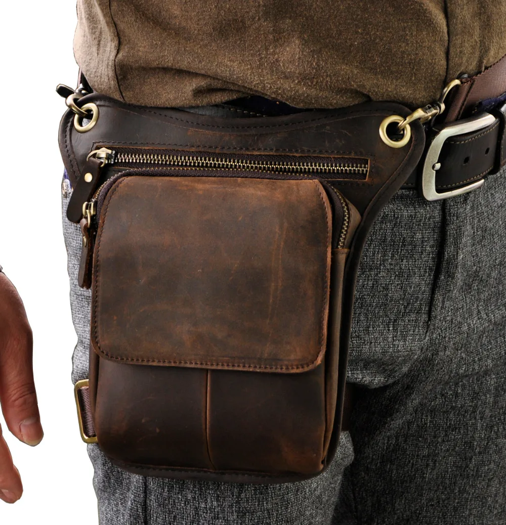 2016 New Top Quality Genuine Real Leather men vintage Brown Small Hip Bum Belt Bag Waist Pack