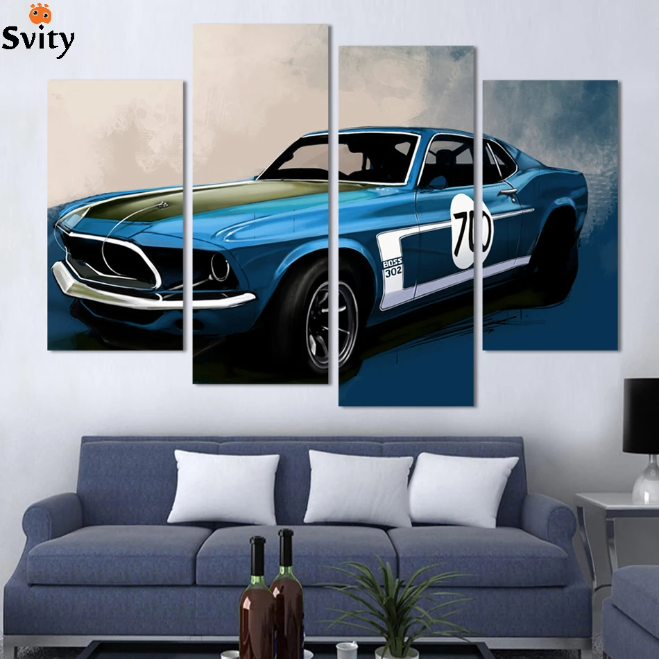 4 Pcs Blue Sports Car Wall Art painting Home Decoration Living Room