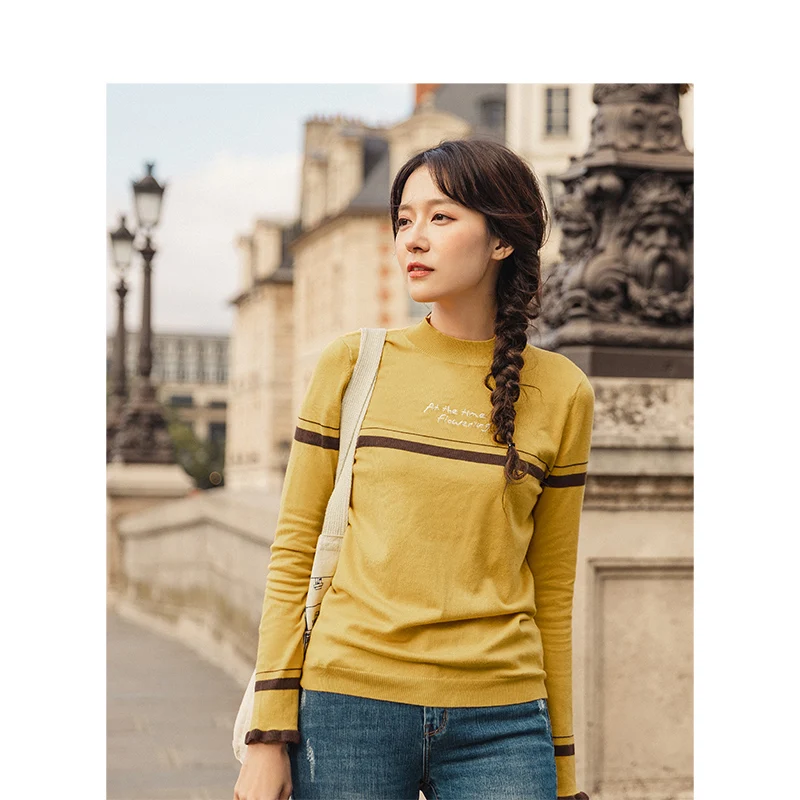 

INMAN 2019 Autumn New Arrival Minimalism Half Hign O-neck Striped Flare Sleeve Slim Women Snit Weater