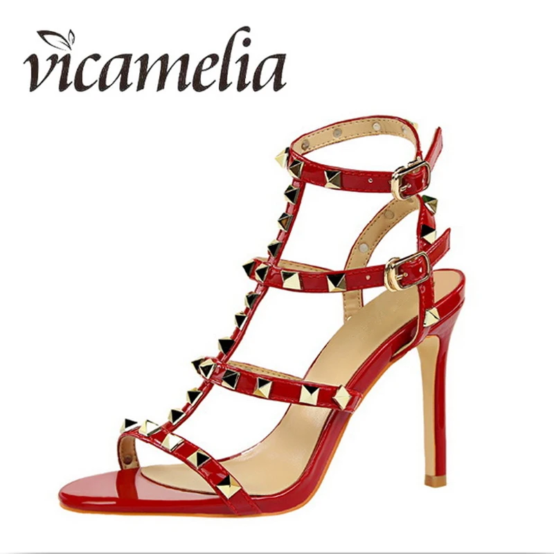 

Vicamelia Sandals High Heel Unique With Rivet For Women Fashion Thin Heel Buckle Sandals Shoes Sexy Lady Sandals 129